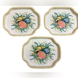Set of 3 Vintage Elite Metal Trays Seashell Designs Made in England Serving